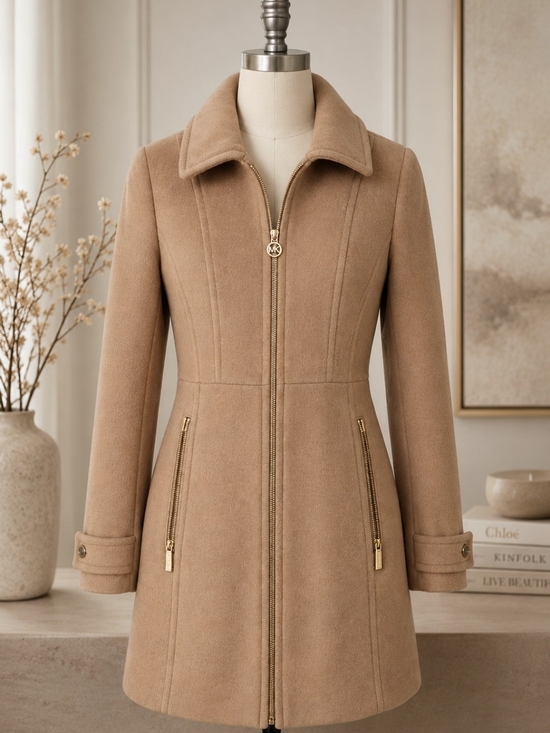 Michael Kors Jackets & Blazers - Michael Kors Camel Wool Blend Zip Front Coat Jacket Gold Hardware Women's